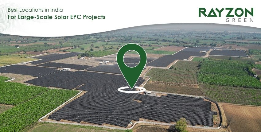 Aerial view of a large-scale solar EPC project in India with rows of solar panels under bright sun in a high irradiance region.